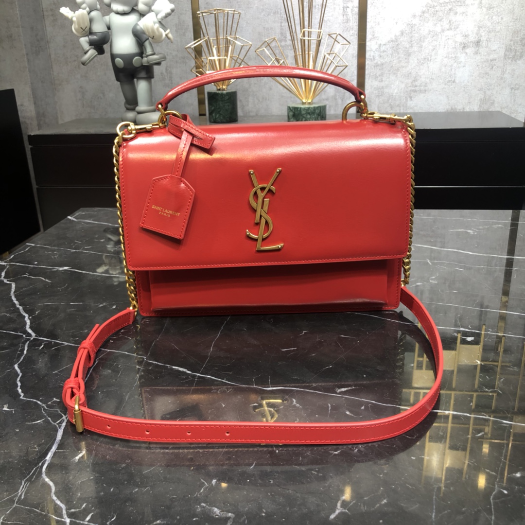 Saint Laurent Sunset Top Handle Smooth Calfskin Handbag Shoulder Bag Red 634723 Gold